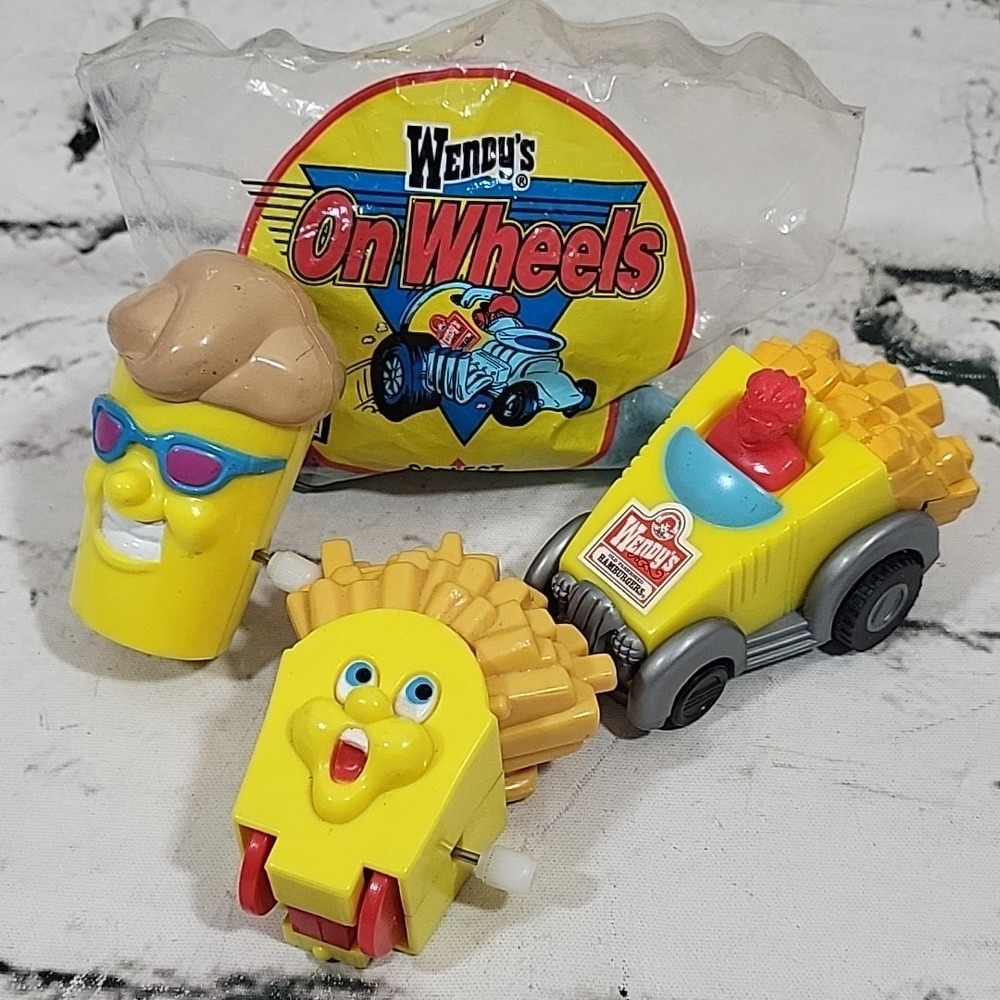 Vintage 90s Wendy's Kids Meal Toys Lot Of 4 Wheels Cars Fries Shake Wind-Ups